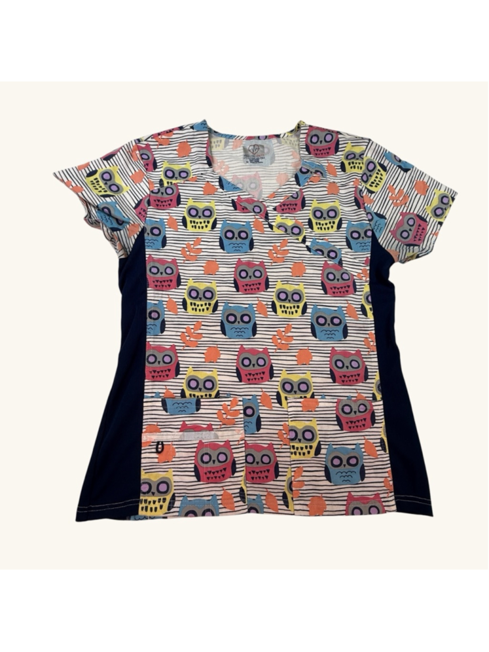 White Label Stretch Owl Print Scrub Top Women’s Medium Nurse Medical Uniform Mul